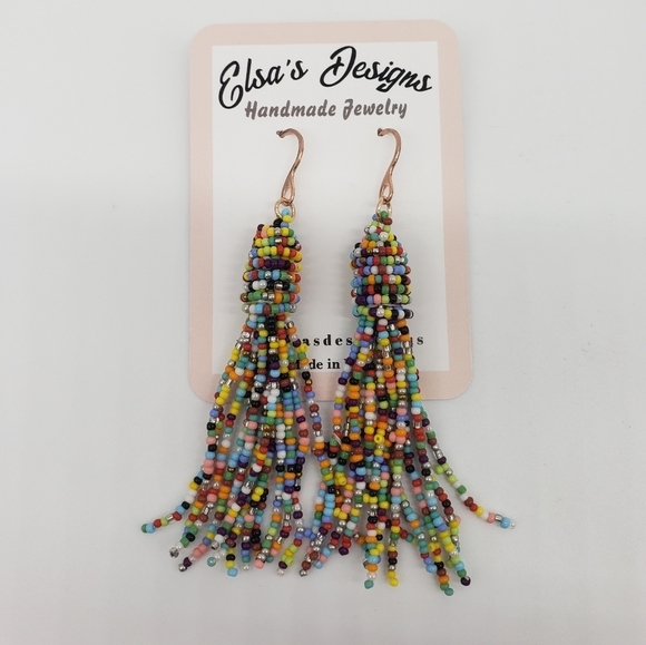 1586- Beaded Women's Multicolor Dangle Rose Gold Plated Earrings Handmade NWT - Picture 1 of 2